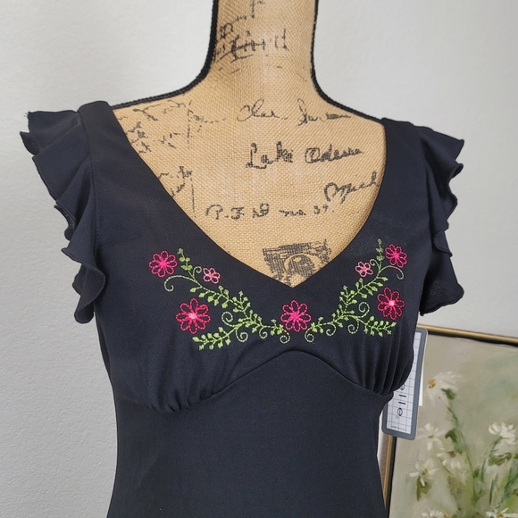 NWT Vintage Flutter Sleeve Black Midi Slip Dress - Picture 5 of 15